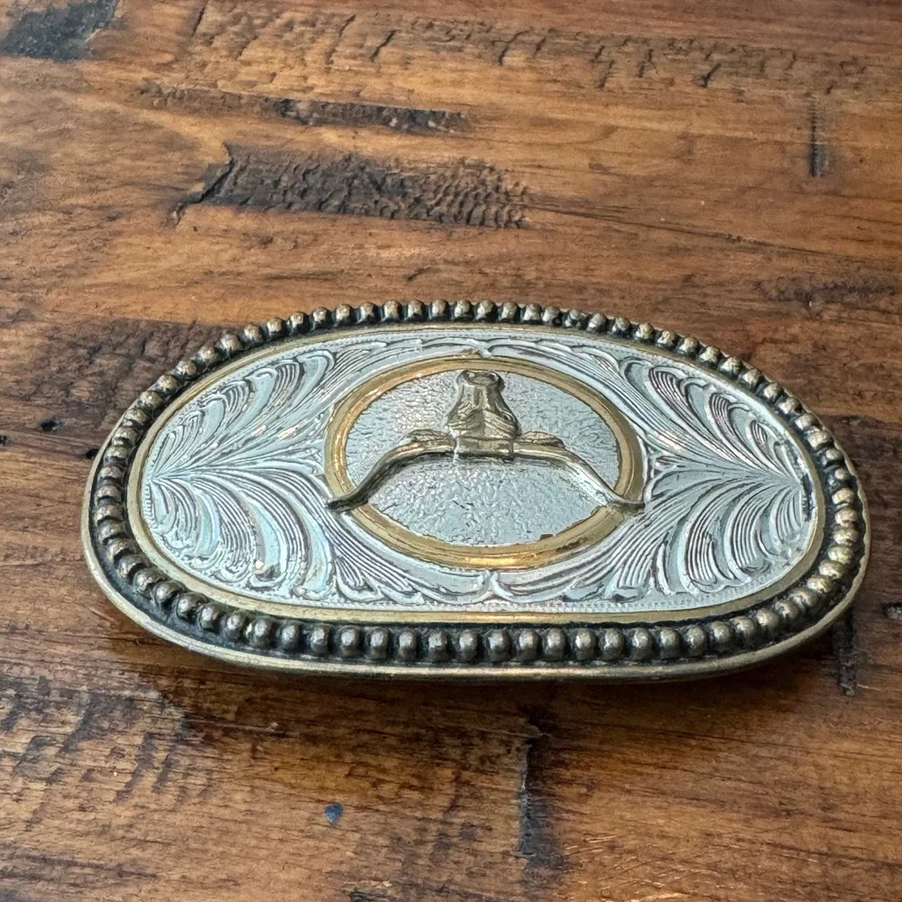 Western Longhorn Bull Belt Buckle Silver Gold Tone Floral Scroll‎ Oval Cowboy